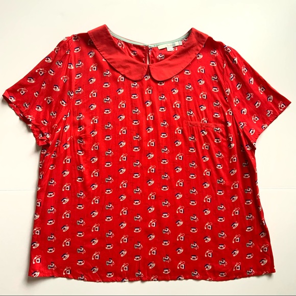 Boden Tops - Boden Telephone Print Top Red Peter Pan Collar Short Sleeve Novelty Womens 16